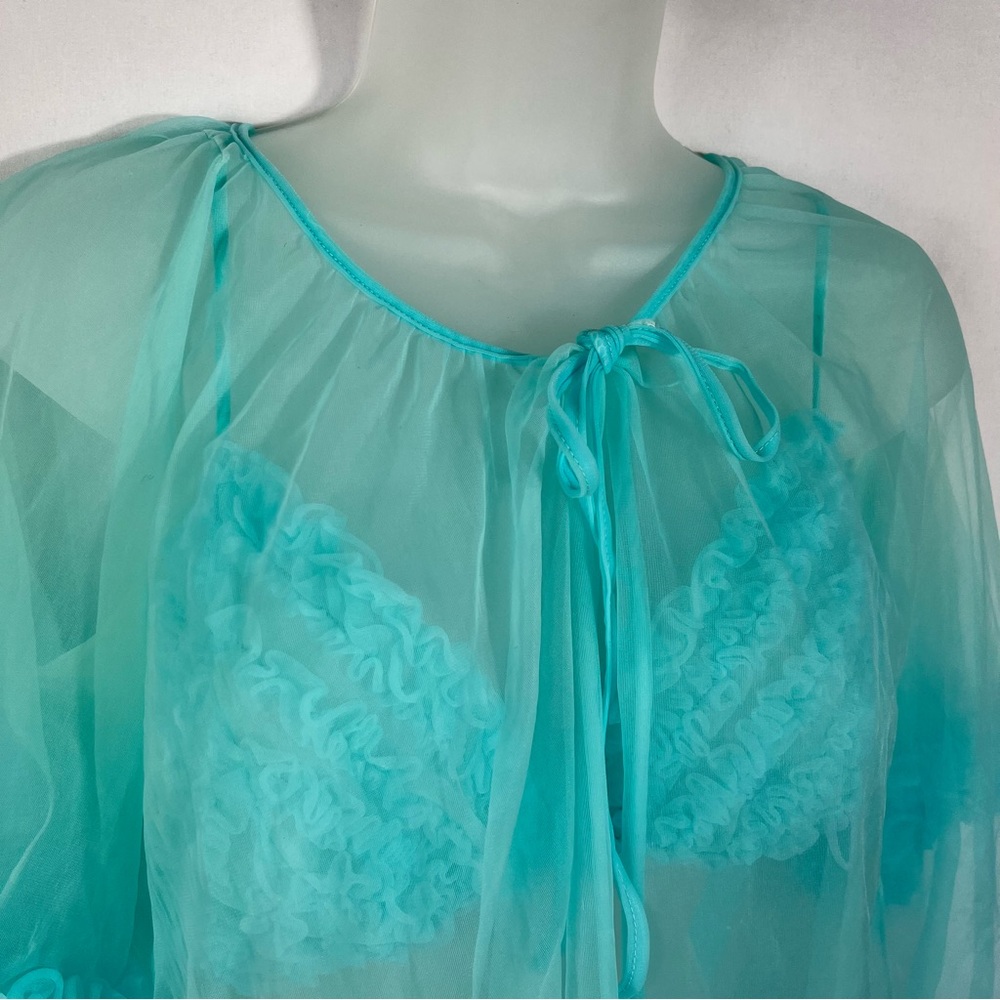 Vintage 1960s Tiffany Blue Mesh Ruffle Nightie Sleep Set Lingerie Peignoir Set - Picture 2 of 11